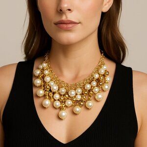 Statement Faux Pearl Bib Necklace Gold Tone Bead Cluster Layered Choker Glam